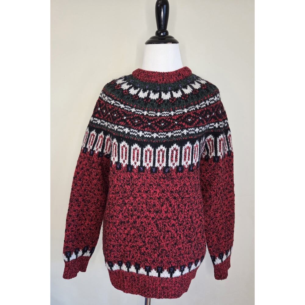 Vtg Woolrich Fair Isle Wool Sweater Unisex M Red Green White Black Holiday Motif